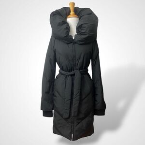 BCBG MAXAZRIA Long Black Puffer Down Coat Women Size XS High Collar 2 Way Zipper